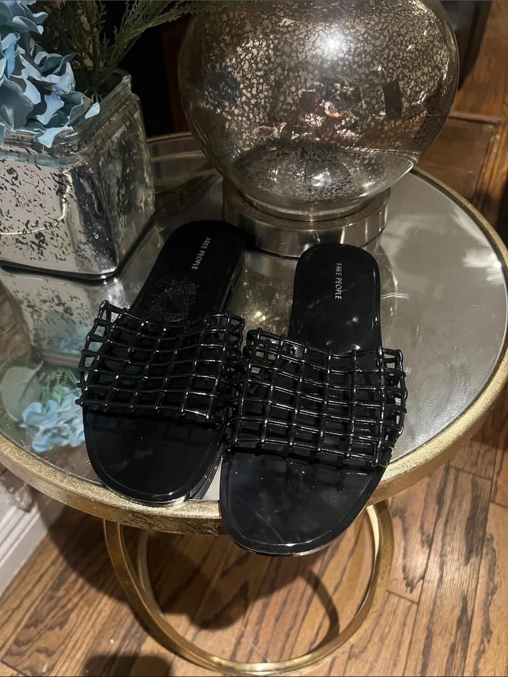 Free People Black Woven Cage Slide Sandals